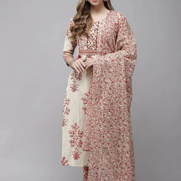 Salwar Kameez Set aus 100% reiner Baumwolle - cremefarbene reine Baumwolle Gerade Gotta Patti Arbeit Kurta mit Hose & Dupatta - indisches ethnisches Kleid