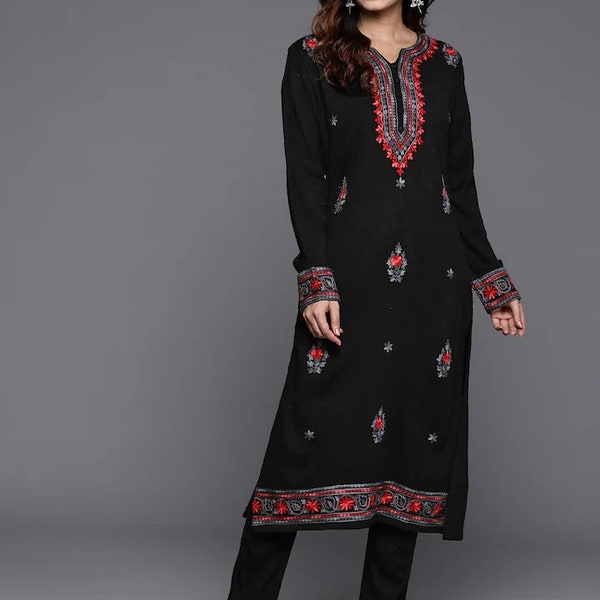 Robe indienne d'hiver en laine - Kurta brodé en pure laine noire avec pantalon - Ensemble kurta en pashmina indien - Pantalon kashmiri en laine