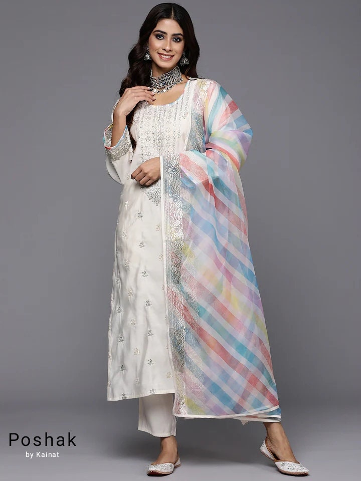 Pure Cotton Kurta Sets For Women - Off -White Embroidered Cotton Straight  Kurta With Trousers & Dupatta - Indian Party Wear Kurta Sets Women
