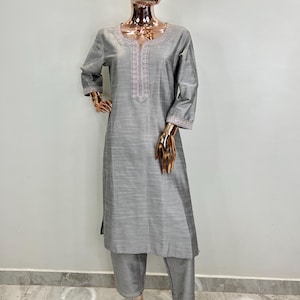 Indian Festive/Party Wear Kurta Sets - Silver / Grey Embroidered Straight Kurta With Trousers -   Indian Dress For Women - Kurti For Pants