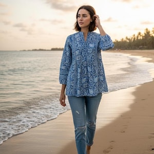 Blue Floral Printed Empire Top - Short Kurta For Women - Summer Kurtis - Tops Tees T-shirt - Plus Size Boho Tops - Pure Cotton Tunic Tops image 1
