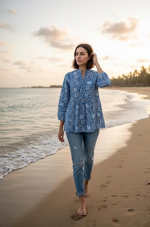 Blue Floral Printed Empire Top - Short Kurta For Women - Summer Kurtis - Tops Tees T-shirt  - Plus Size Boho Tops - Pure Cotton Tunic Tops