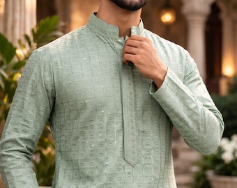 Ropa étnica india para hombre - Kurta pijama de algodón puro bordado Chikankari verde para hombre - Conjuntos de kurta para hombre - Ropa festiva/de fiesta india para hombre