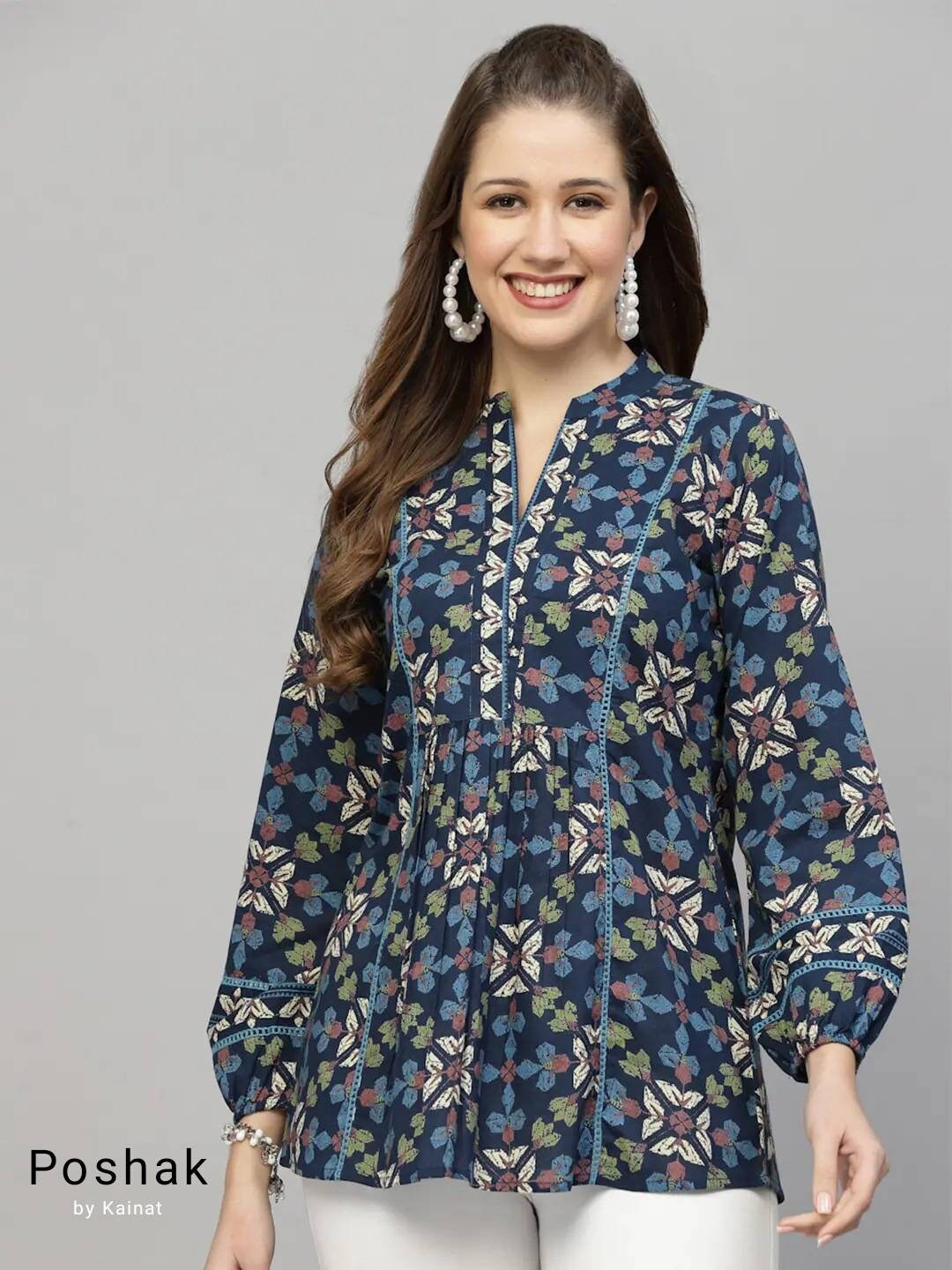 Tunics for Women Pure Cotton Navy Blue Printed Full Sleeves - Etsy