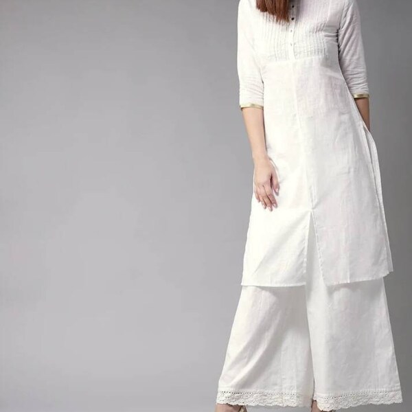 Kurta Sets For Women - Indian Tunic - White Solid Kurti Dress - White Dress For Women - Cotton Kurtis - Indian Dress -Kurta With Palazzo Set