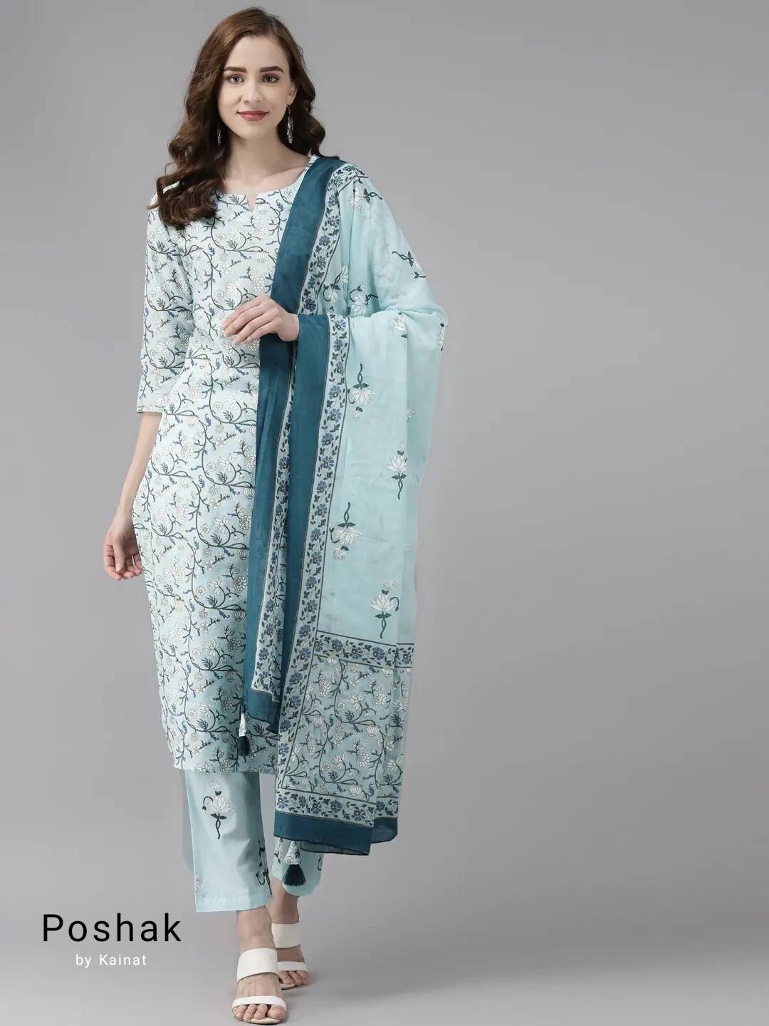 100% Pure Cotton Kurta Sets Blue & White Printed Straight - Etsy