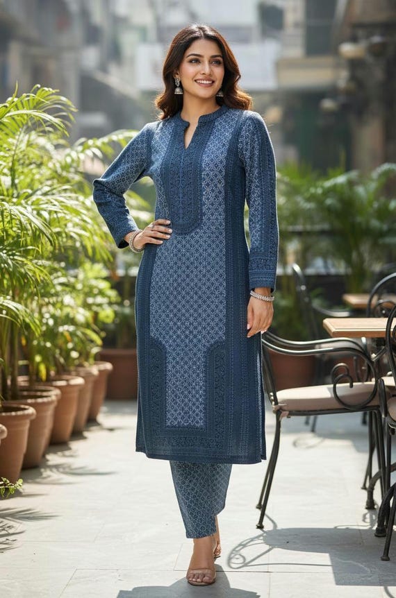 winter dress set for women Woolen Kurta - Blue Woolen Kurta With Trousers - Indian/ Kashmiri Kurta - Indian Long Tunic - Winter Wear for Women 22 = 42/35/44 3XL RSH-01.17.24 Bridesmaid Wedding Peacock Blue Silk Satin Colors:Teal 871