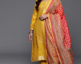 Tenues de soirée indiennes - Kurta jaune Zari Work avec pantalon et dupatta - Ensemble Salwar Kameez - Robe Bollywood - Ensemble pantalon Kurta - Tuniques pour femmes