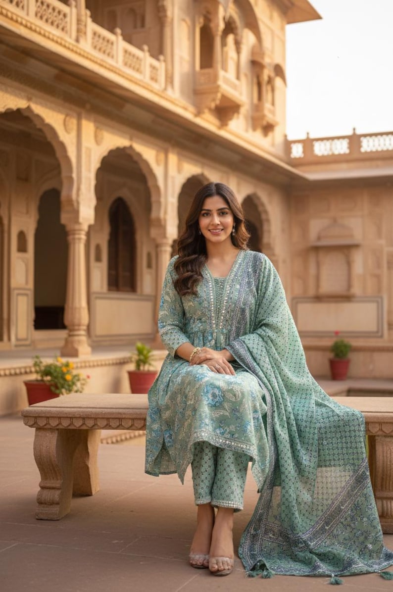 May include: A light green floral print salwar kameez set. The set includes a tunic top, matching pants, and a dupatta. The outfit features a V-neckline and is embellished with silver accents. The model is sitting on a stone bench.