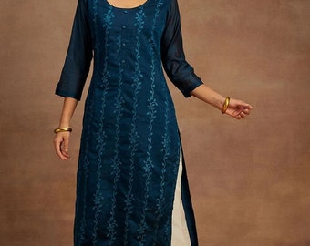 Silk Embroidered Kurta For Women - Indian Ethnic Party Wear - Indian Dress - Kurtis For Women - Teal Embroidered Silk Kurta Tunic Top