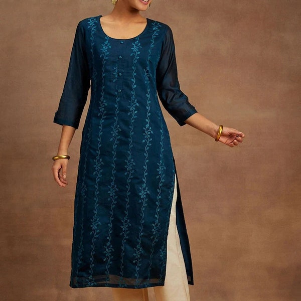 Silk Embroidered Kurta For Women - Indian Ethnic Party Wear - Indian Dress - Kurtis For Women - Teal Embroidered Silk Kurta Tunic Top