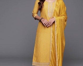 Tenues de soirée/mariage indiennes pour femme - Kurta droit brodé en soie moutarde avec pantalon et dupatta - Ensembles Kurta - Salwar Kameez Dupatta