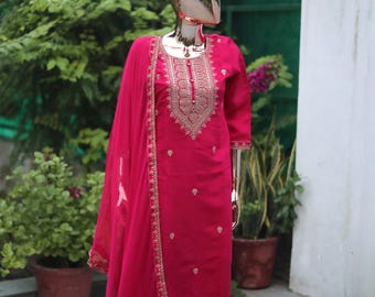 Silk Kurta Set For Women - Pink Zari Embroidered Straight Kurta With Trouser & Dupatta - Indian Festive/Wedding Wear For Women - Salwar Suit