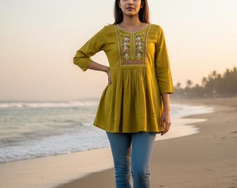 Boho Short Tunic For Women - Olive Green Embroidered Cotton Kurti - Short Ethnic Top For Women -  Kurta/ Tunic Top For Casual /Festive Wear