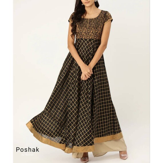 A Black Gold Printed Festive and Party Wear Anarkali Kurti is a type of  Indian traditional