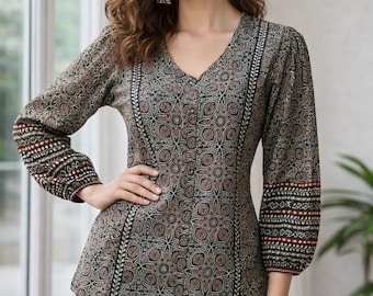 Kurtis For Women - Short Kurta Dress - Black  Pure Cotton Printed Straight Kurta - Indian Dress -Tops & Tees - Printed Kurti- Summer Wear To