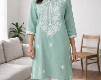 Kurtis for women - Indian Tunic - Short Kurta Dress - Sea Green & White Printed Straight Kurti - Indian Dress - Summer Top Tees  Blouses