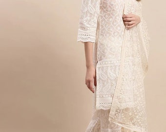 Pure Cotton Kurta Sets For Women - White Embroidered Cotton Straight Kurta With Trousers & Dupatta - Chikankari Kurta Sets - Funeral Dress