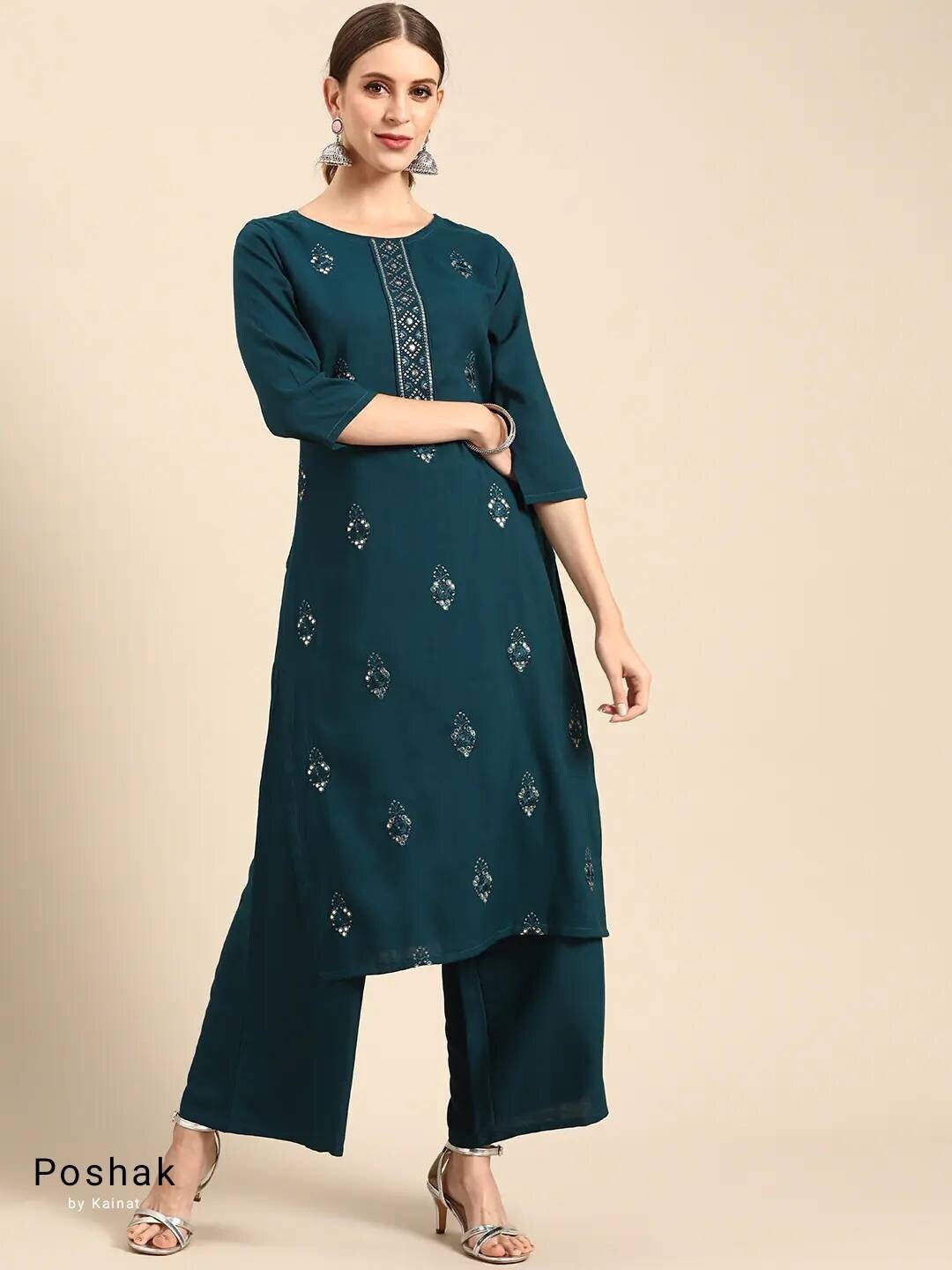 Womens Embroidered Teal Cotton Blend Kurta Pant Set