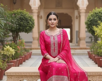Indiska festklänningar för kvinnor - Rosa blommig broderad rak kurta med byxor och organza dupatta - pakistansk salwar kameez set
