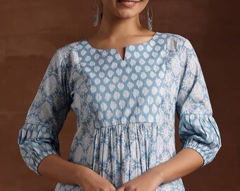 Tuniques indiennes pour femme - Tunique d'été/kurti en pur coton bleu et blanc pour femme - Haut kurta court - Hauts d'été et t-shirts pour femmes - Ethnique