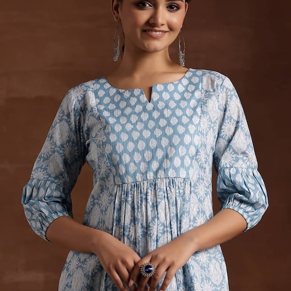 Indian Tunics For Women - Blue & White Printed Pure Cotton Summer Tunic/Kurti For Women - Short Kurta Top - Summer Tops Tees Women - Ethnic