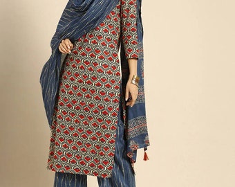 Indian Summer Wear Women - Navy Blue & Maroon Pure Cotton Kurta With Palazzo and Dupatta - Summer Tops Tunics Kurta Set - Kurta With Trouser