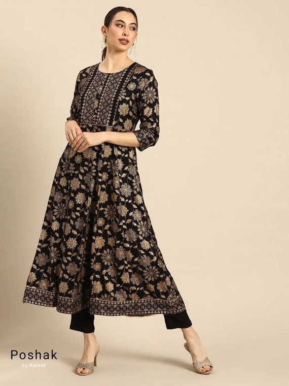 Women Black & Golden Yoke Design A-Line Kurti - Absolutely Desi