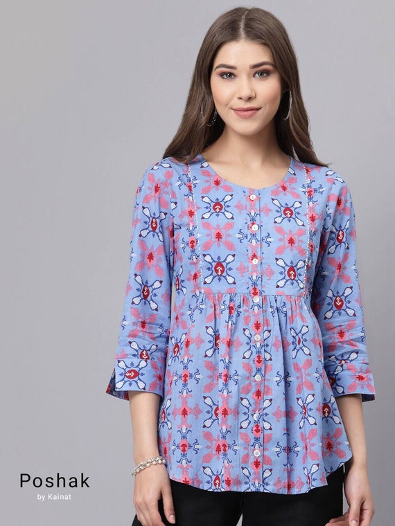 Pure Cotton Tops for Women Blue Printed A-line Kurti Short Kurti Dress  Kurtis for Women Indian Ethnic Tops Summer Tunics & Tees 