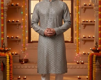 Ropa étnica india para hombre - Pijama kurta gris de algodón puro con lentejuelas bordadas - Conjuntos de kurta - Ropa festiva india para hombre