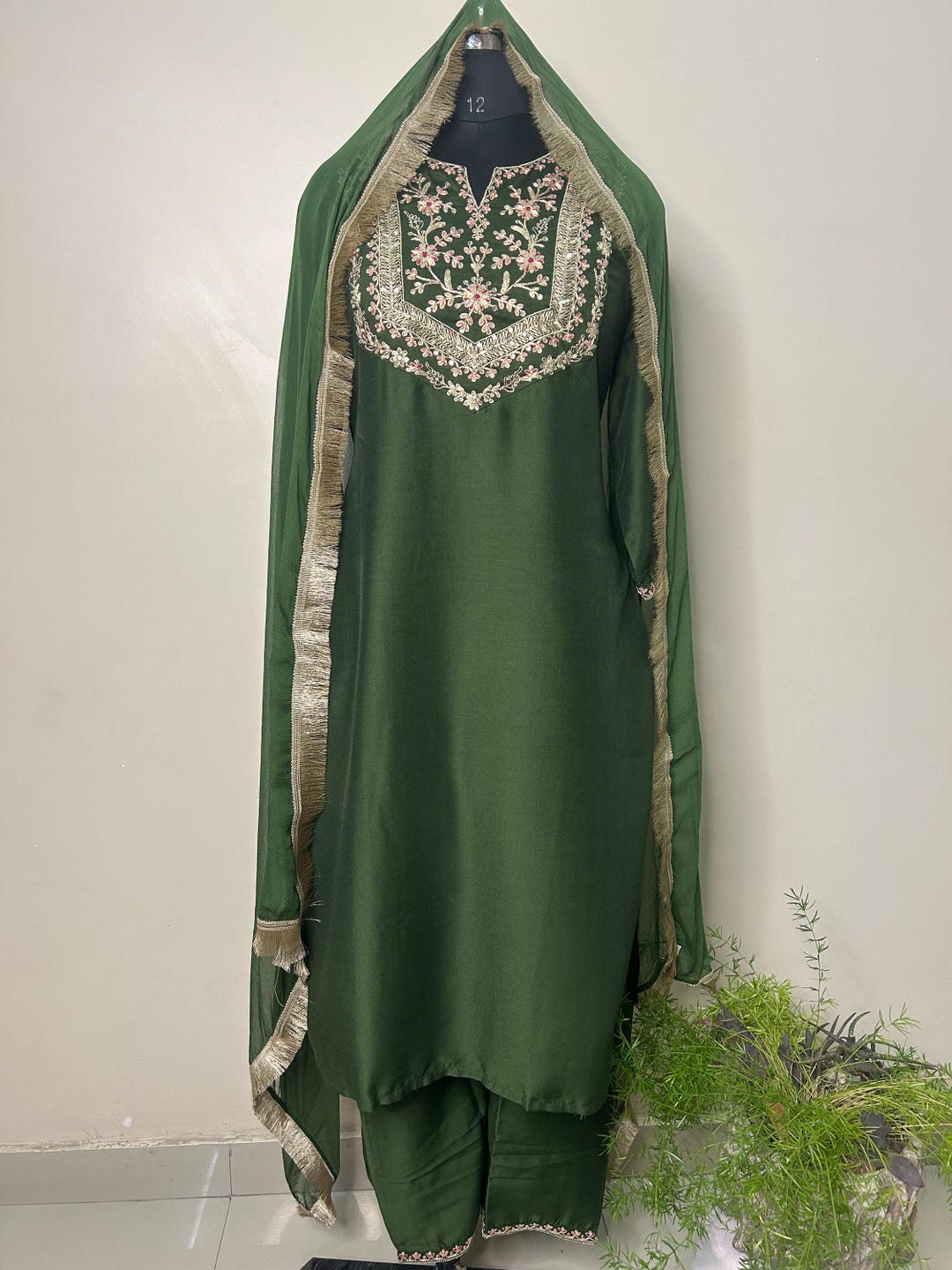 Moss Green Jacquard Kurta Set | Elegant Hand-Embroidered Indian Occasion Wear