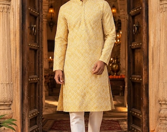 Kurta Pajama Set For Men - Cotton Yellow Embroidered Kurta With Trousers - Indian Ethnic Wear For Men - Indian Party Sherwani Suits For Men