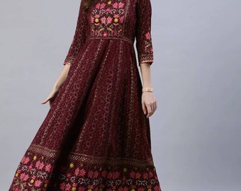 Anarkali Kurta - Robe Maxi marron avec détail tie-up - Vêtements de fête indiens - XXL 3XL 4XL Plus Size Party Wear Maxi -Robe ethnique indienne Femmes