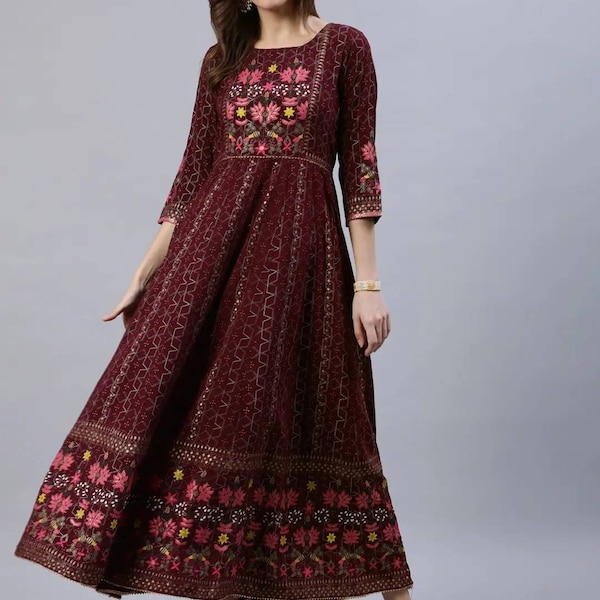 Anarkali Kurta - Maroon Maxi Dress With Tie-up Detail- Indian Party Wear -  XXL 3XL 4XL Plus Size Party Wear Maxi -Indian Ethnic Dress Women