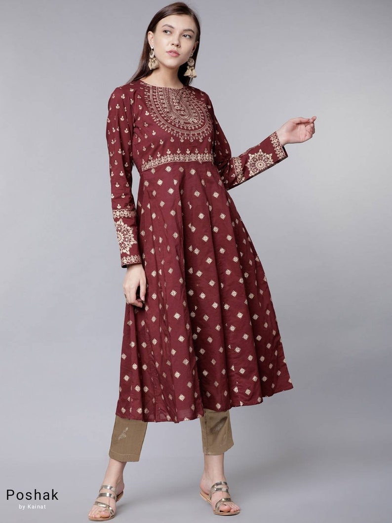 A-line Kurti Indian Dresses Ethnic Wear Anarkali Dress For Party Pure Cotton Anarkali Kurta For Women In Maroon