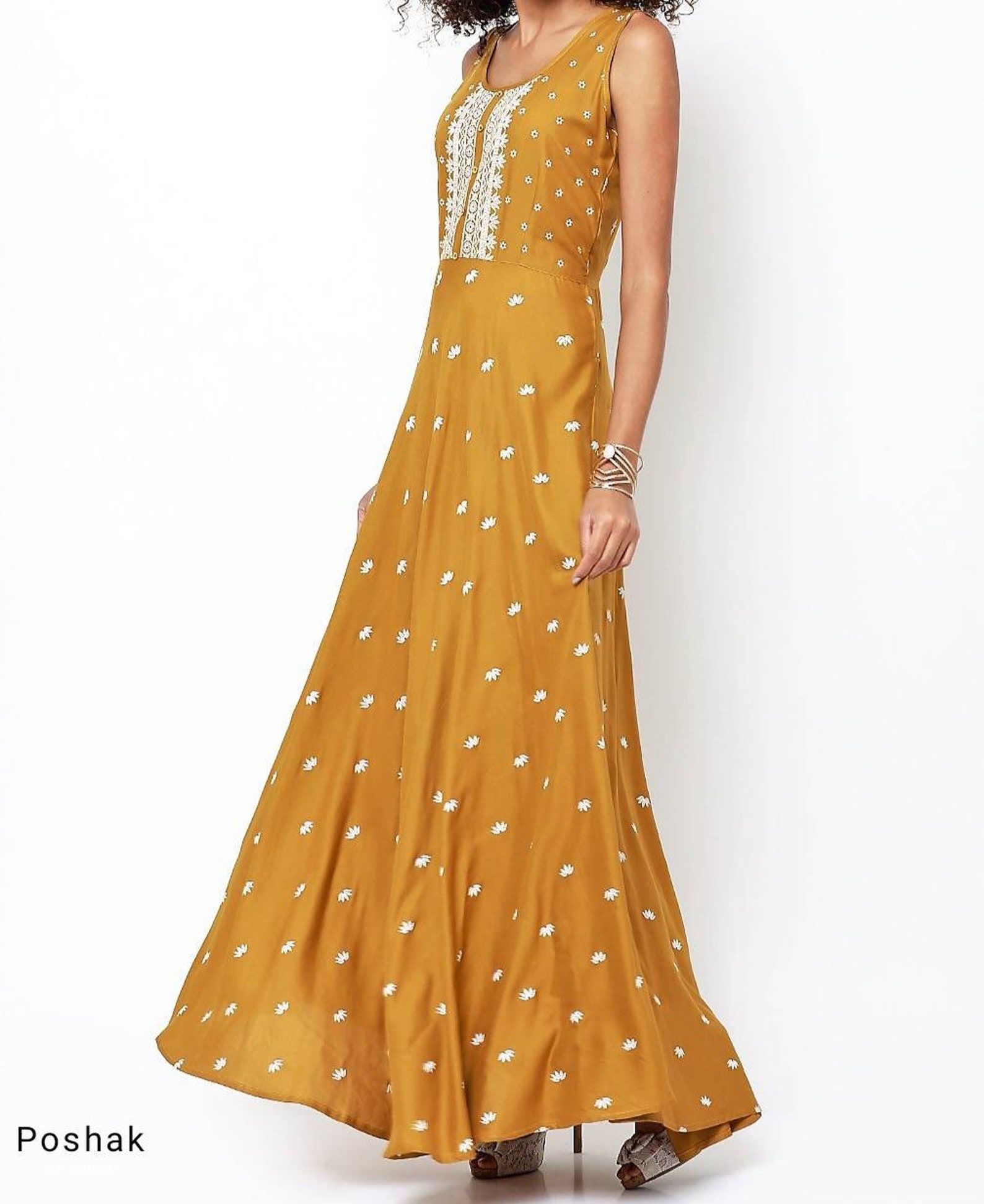 Anarkali Kurti Dress Mustard Yellow and White Printed Etsy