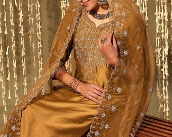Robe de soirée indienne pour femme - Ensembles Kurta pour femme - Kurta droit brodé moutarde avec pantalon et dupatta - Ensemble Salwar Kameez