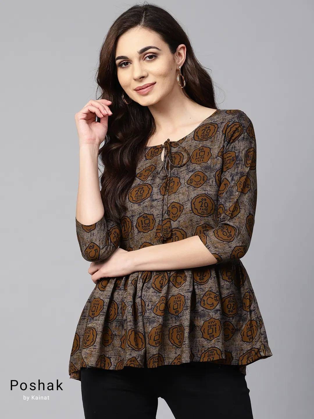 Buy Kurtis for Women Taupe & Brown Printed A-line Top Casual ...