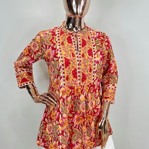 Indian Tunics For Women -  Pure Cotton White & Red Summer Tunic Top/ Kurti For Women - Short Kurta Top - Summer Tops Tees - Gifts For Her