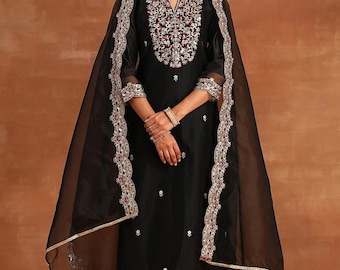 Tenue de soirée indienne pour femme - Kurta droite noire Zari avec pantalon et dupatta pour femme pour soirée / fête / mariage - Ensemble de costume Salwar