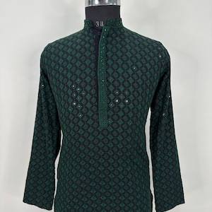 Green Chikankari Kurta Pajama For Men - Embroidered Ethnic Wear, Wedding & Festive Wear, Mehendi Ceremony Outfit, Indian Traditional Dress