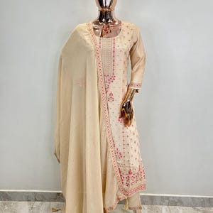 Indian Party / Wedding Wear For Women - Cream Silk Embroidered Straight Kurta With Trousers & Dupatta - Indian Party Wear Silk Kurta Sets
