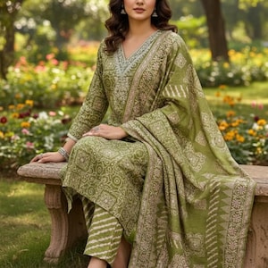 Green Silk Blend Kurta Trouser Dupatta Set | Ethnic Motif Embroidered Indian Outfit | Mehendi Wedding Wear for Women | Indian Guest Outfit