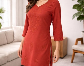 Kurtis for women - Indian Tunic - Short Kurta Dress - Rust Embroidered Chikankari Straight Kurti - Indian Dress - Summer Top Tees  Blouses