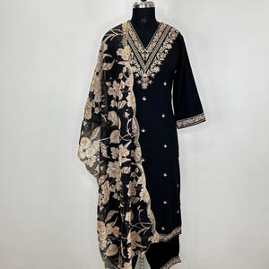 Designer Embroidered Kurta Set For Women- Black Embroidered Kurta With Trouser Dupatta - Indian Wedding Wear For Women - Pakistani Lawn Suit