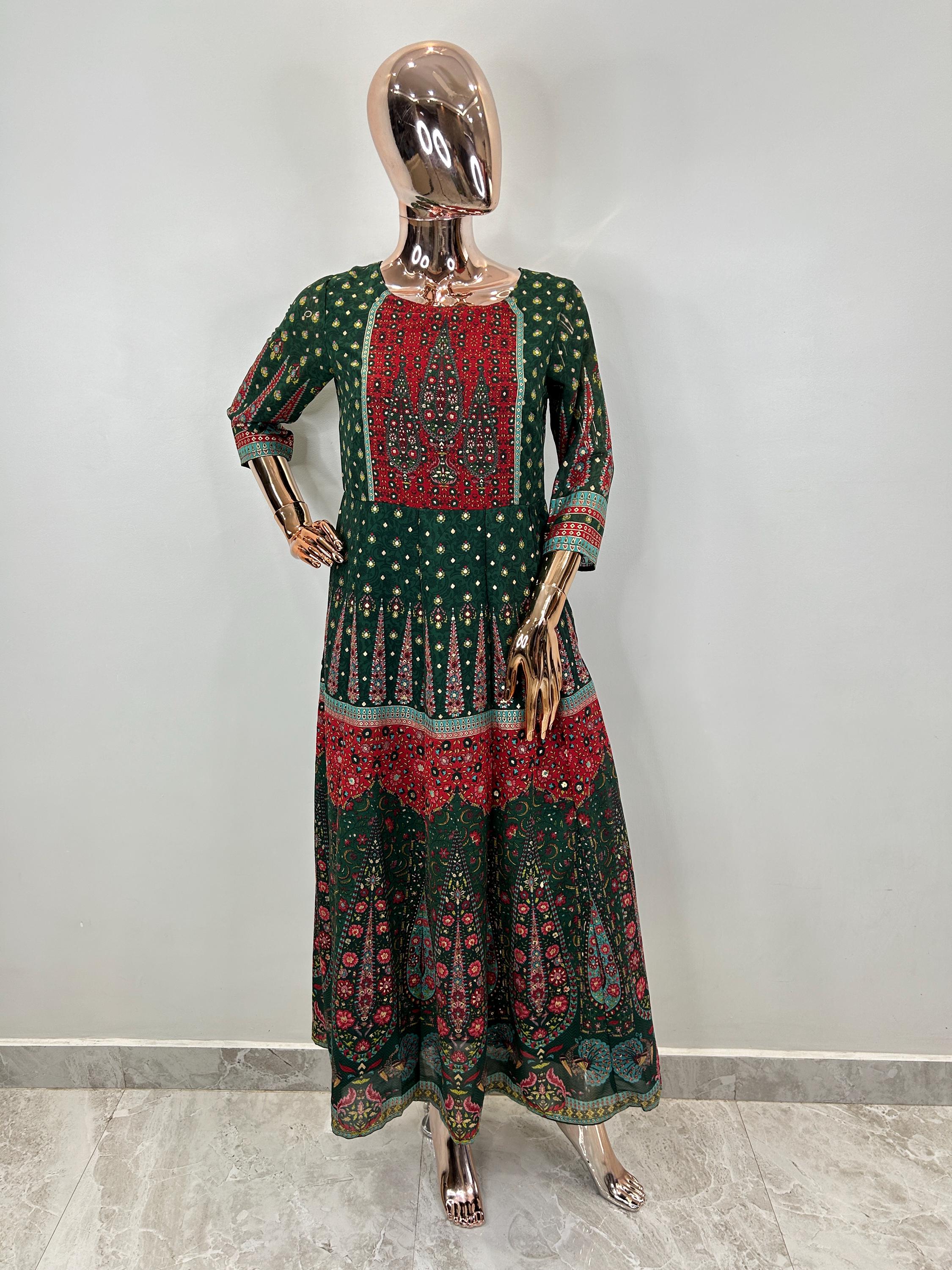 Anarkali Kurta - Green & Red Maxi Dress For Women - Indian Party Wear - Party Wear Maxi - Indian Ethnic Dress -Boho Hippie Midi Dress Women