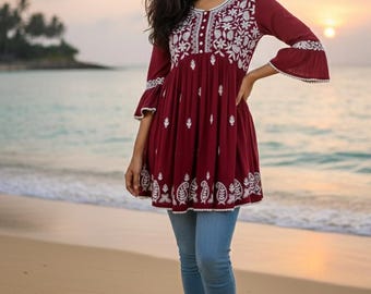 Embroidered Kurtis For Women - Maroon Embroidered A-line Tunic Top - Summer  Short Kurta Dress - Plus Size Tunic Tops - Kurta Women