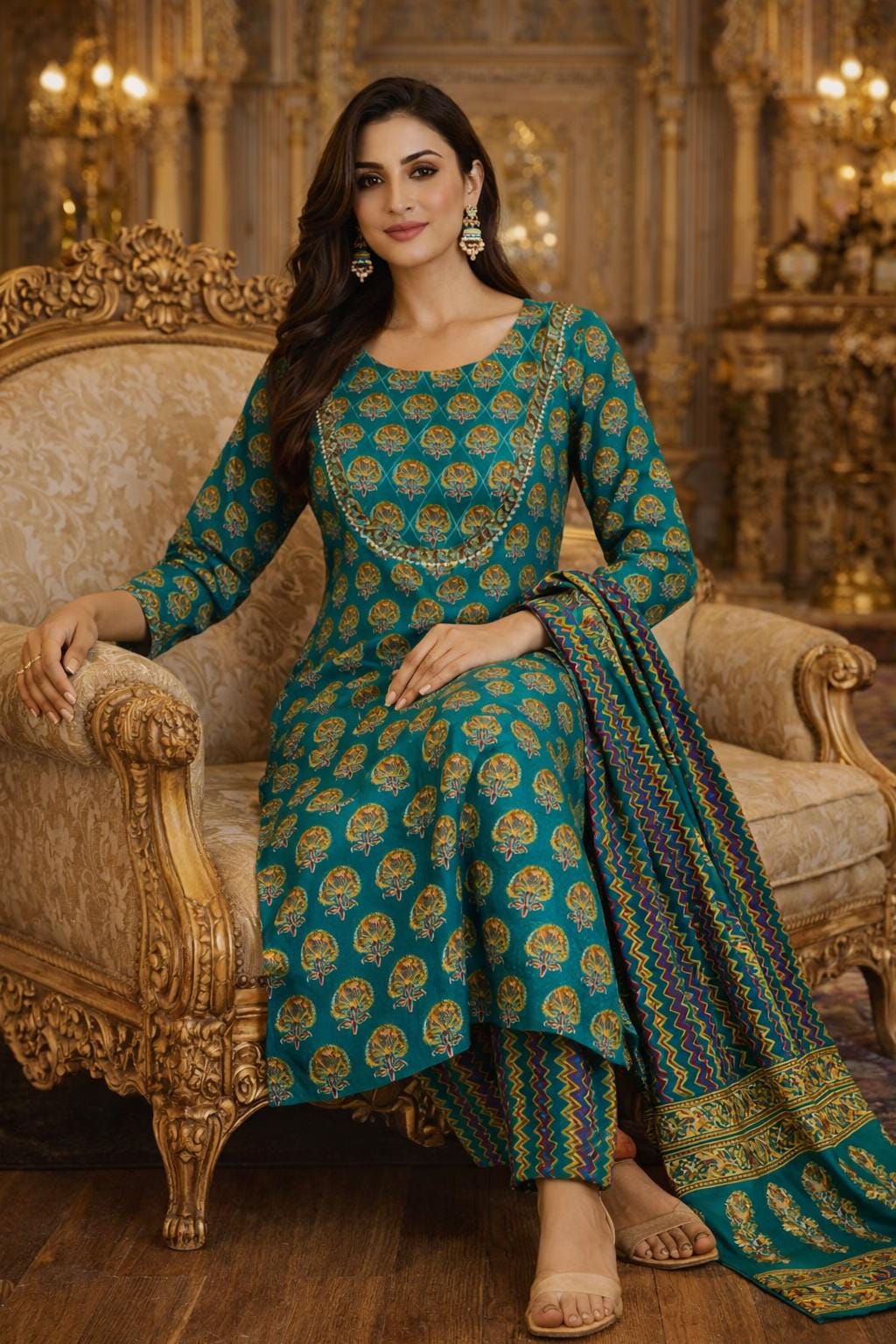 100% Pure Cotton Salwar Kameez Set - Green Printed Pure Cotton Straight Kurta With Trouser Dupatta- Indian Summer Wear Kurta Pant For Women