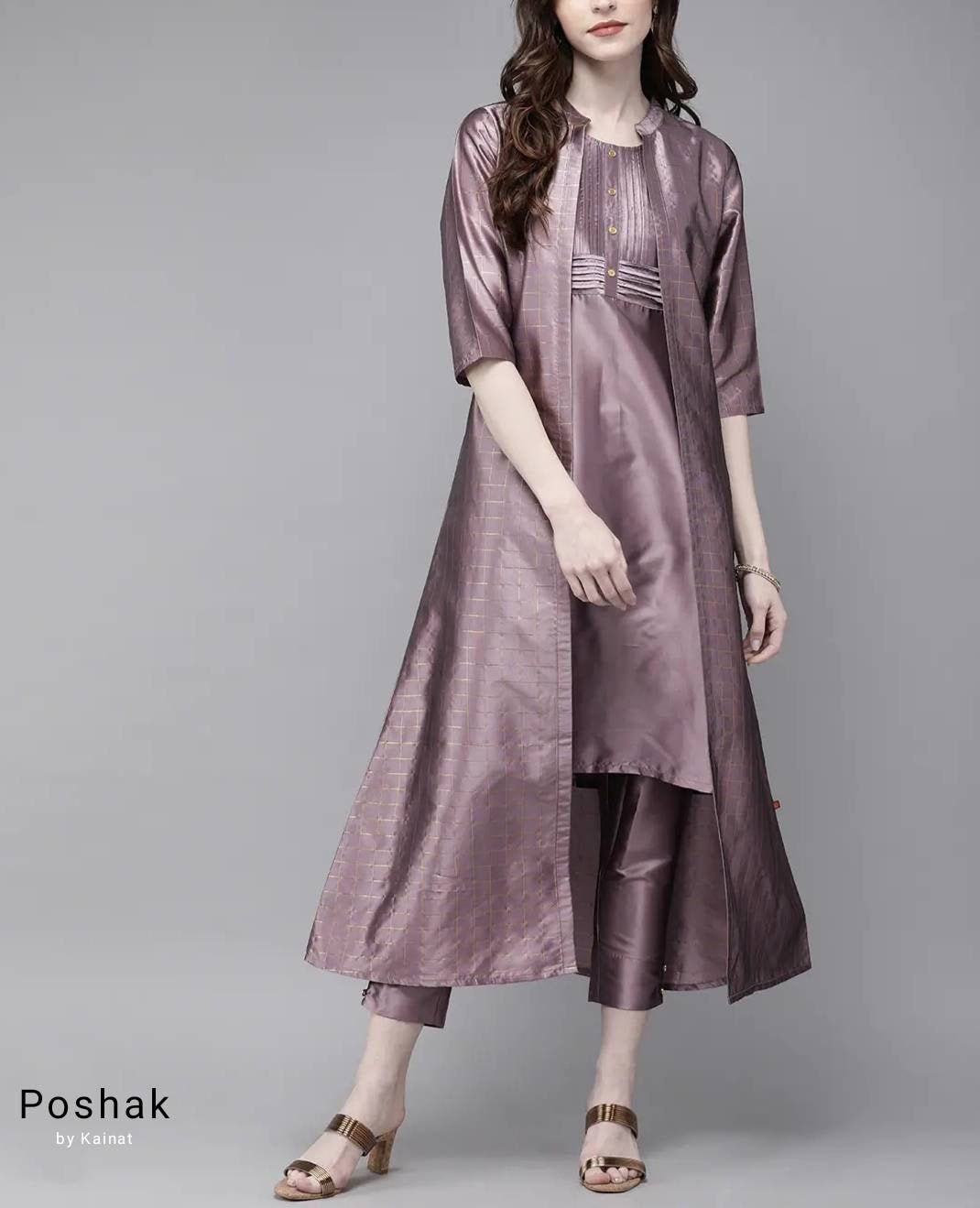 Silk Kurta Sets For Women Lavender & Gold Checked Layered | Etsy
