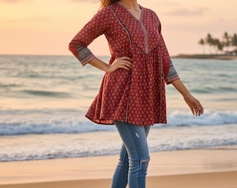 Indian Tunics For Women -  Pure Cotton Maroon  & Black Summer Tunic Top/ Kurti For Women - Short Kurta Top - Summer Tops Tees Kurti Women